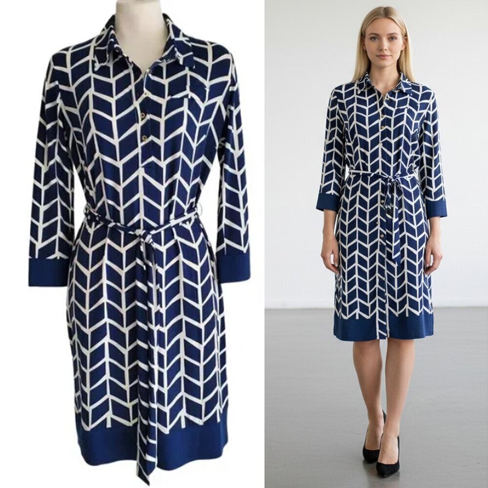 Donna Morgan Career Dress Blue & White Abstract Print with Self Tie Size 4